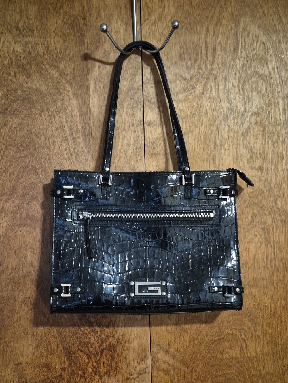 Guess Vintage Black Mock Croc-Embossed Patent Tote Handbag w/Logo Plate